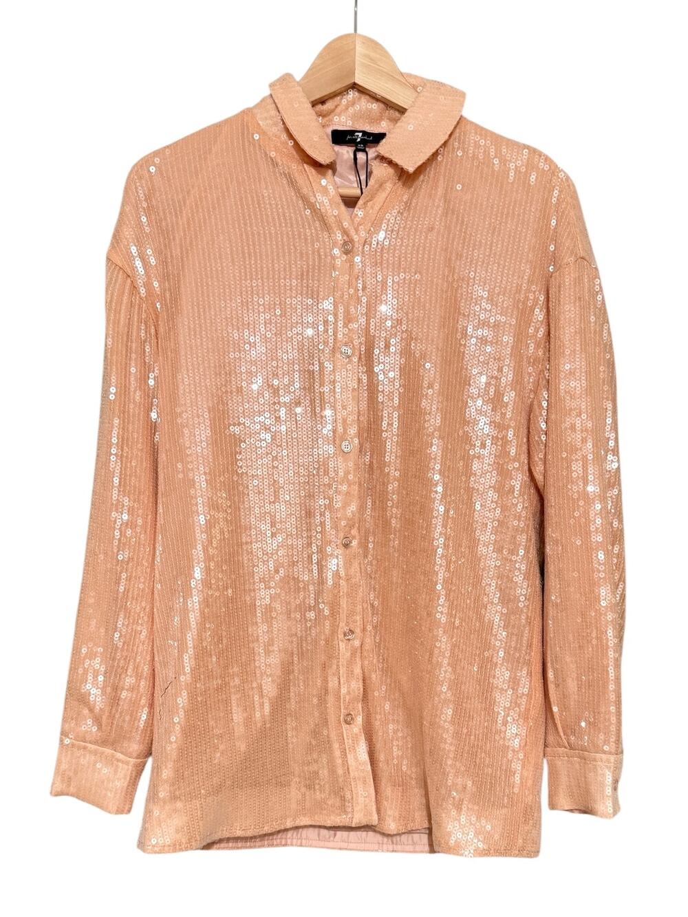 7 For All Mankind NWT Blush Peach Sequin Button Front Shirt Top XS Glam Party